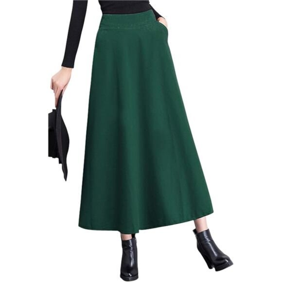 Women's Fall Winter A-Line Swing Pleated Long Maxi Wool Skater Skirt - Picture 1 of 4